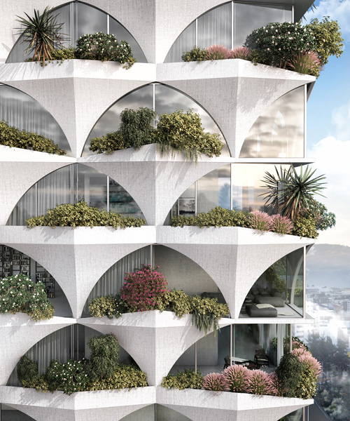 ODD arquitectos diseña una torre inspirada en los girasoles con fachadas arqueadas y 'mini bosques'