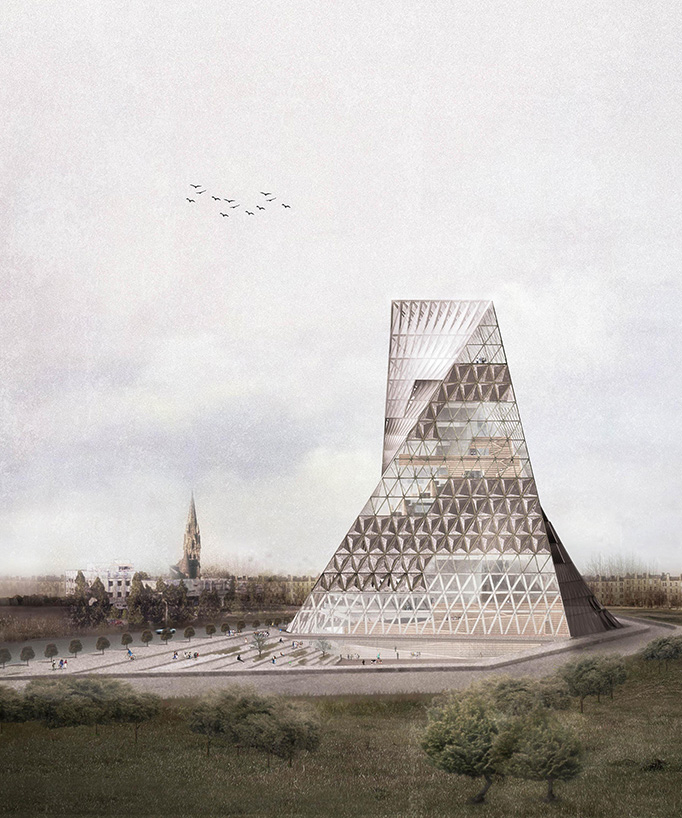 la nueva propuesta de biblioteca de JOA en polonia parece una torre giratoria de libros