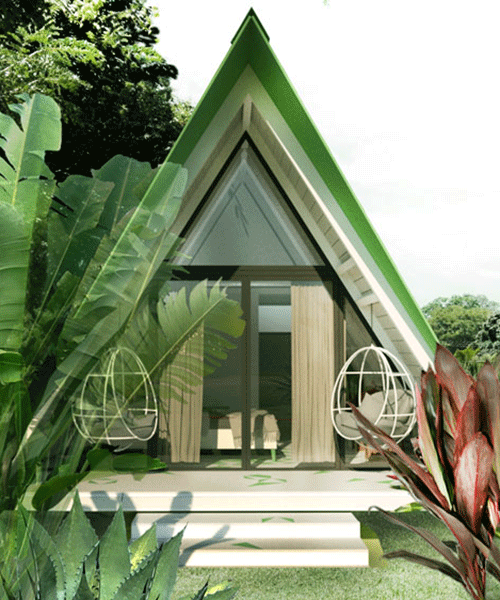 la cabaña en forma de 'A' de micheron studio en costa rica se abre hacia el jardín circundante