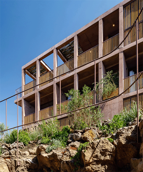 volúmenes de concreto color terracota + celosías de madera componen hotel en méxico