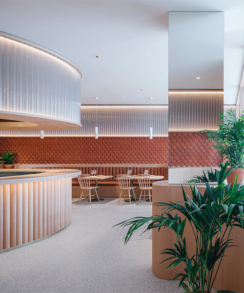 zooco estudio envuelve interior de restaurante en españa con escamas de arcilla y tubos semitransparentes