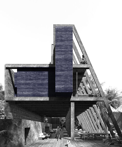 la estructura piramidal de madera de esrawe studio suspende tres suites para hotel en riviera maya
