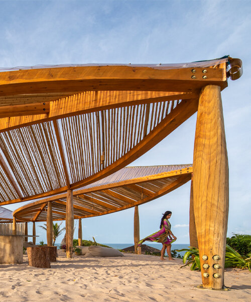 pérgolas gigantes en forma de hoja en el pabellón de playa de atelier daniel florez
