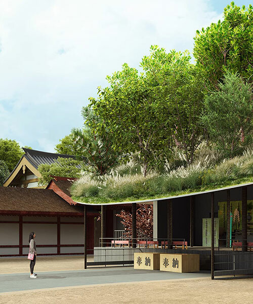sou fujimoto corona un santuario temporal en japón con un techo verde inclinado