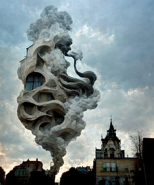 fachadas art nouveau se desintegran en medio de fantásticas nubes de humo en la serie AI de hassan ragab