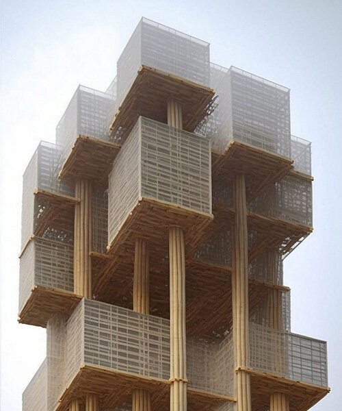 midjourney mezcla rascacielos urbanos con estructuras sostenibles de bambú