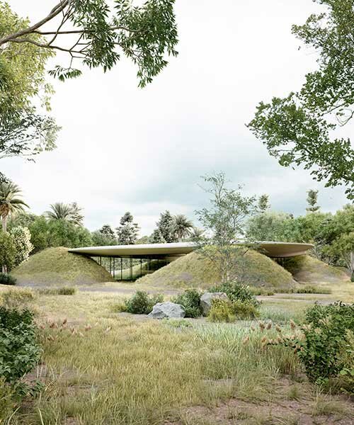 montículos verdes coronados por techos orgánicos dan forma a pabellones en el bosque de la ciudad de méxico