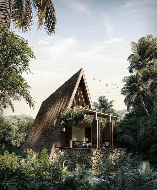 vertebral concibe una casa de madera a dos aguas que se integra a la selva de tulum