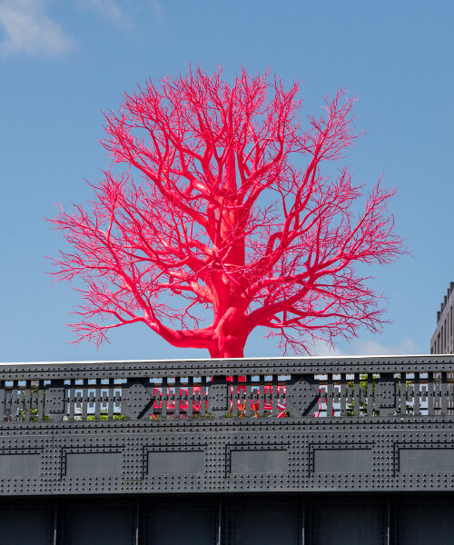 en el the high line, pamela rosenkranz cultiva un árbol rosa sintético que se asemeja a los vasos sanguíneos