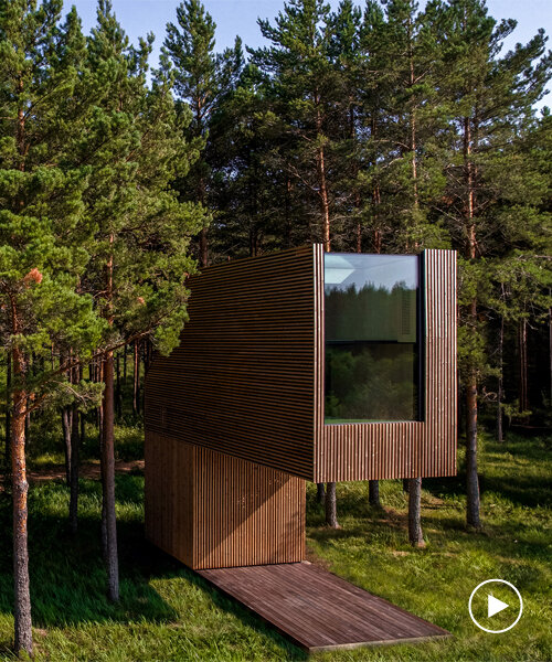 arsenit suspende una casita de madera prefabricada sobre una terraza en el bosque en estonia
