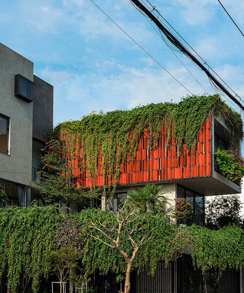 un jardín colgante crece en la fachada de azulejos de la maison k en vietnam