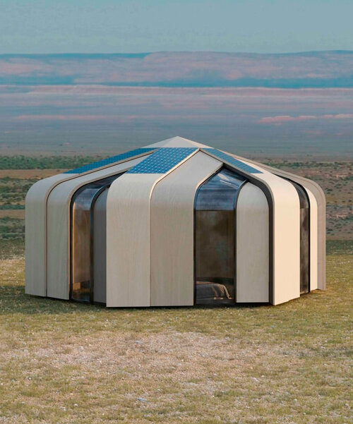 segmentos curvos de madera contrachapada dan forma a una moderna yurta kazaja
