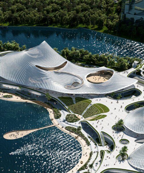 el centro cultural de MAD architects emerge del lago como una onda continua de agua en china